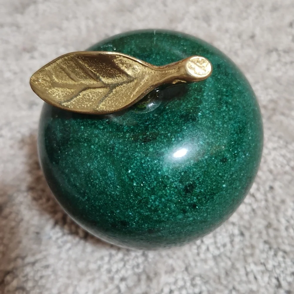 Green Marble Apple Sculpture Paperweight with Golden Brass Leaf